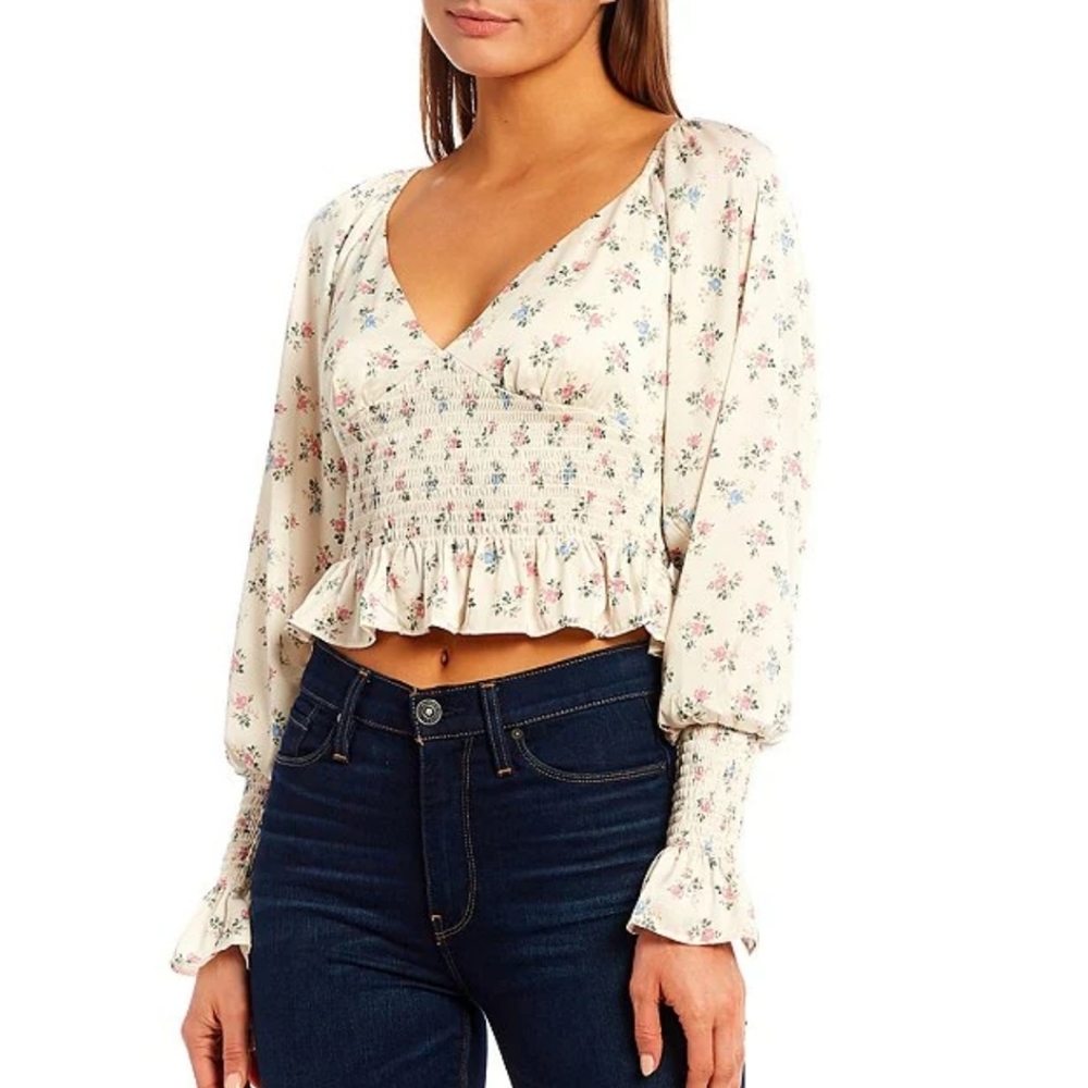 Wafy Ditsy Floral Print Smocked Waist Peplum Crop Top Blouse